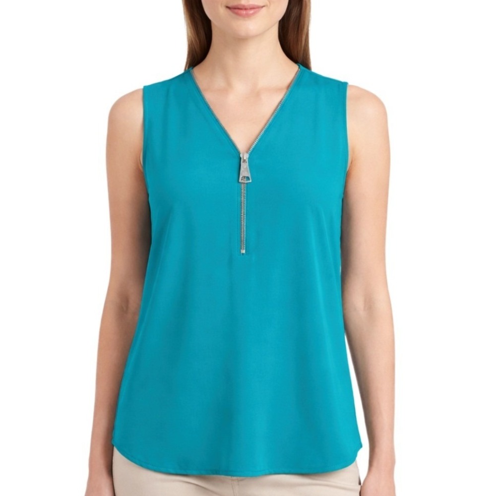 Carmen Marc Valvo Teal Sleeveless Half-Zip V-Neck Womens‎ Blouse Top Size Large